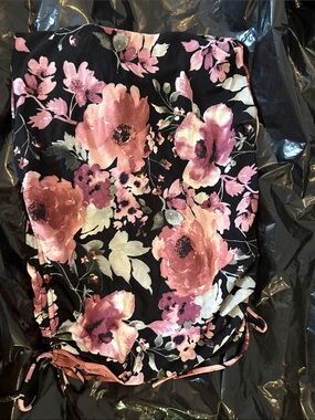 Floral Drawstring Beach Shorts - Black with Pink Roses